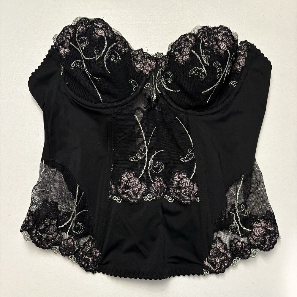 Donna Loren Floral Black Underwire Bustier Corset Top Size 34C Sheer Embroidered
